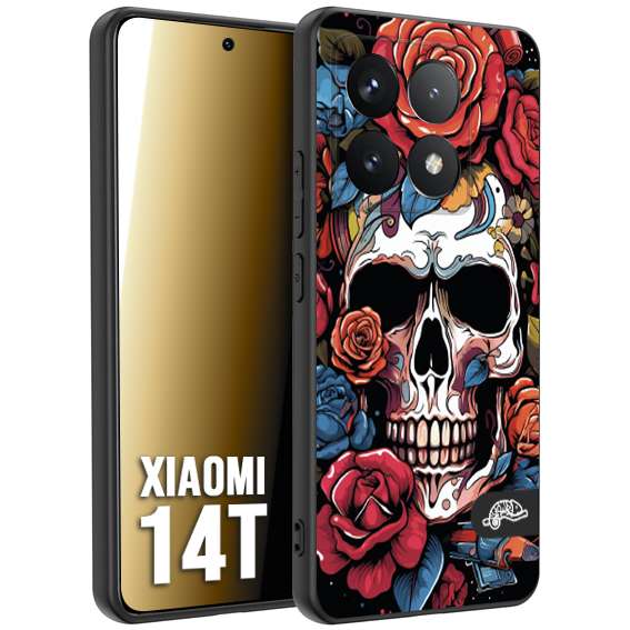 CUSTOMIZZA - Custodia cover nera morbida in tpu compatibile per Xiaomi 14T teschio skull flowers fiori rose rosse tattoo disegnato