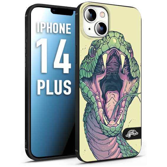 CUSTOMIZZA - Custodia cover nera morbida in tpu compatibile per iPhone 14 PLUS snake yellow green serpente tatuaggio tattoo disegnato a mano