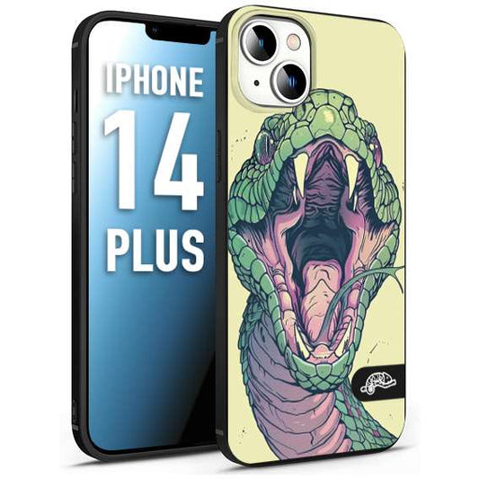 CUSTOMIZZA - Custodia cover nera morbida in tpu compatibile per iPhone 14 PLUS snake yellow green serpente tatuaggio tattoo disegnato a mano