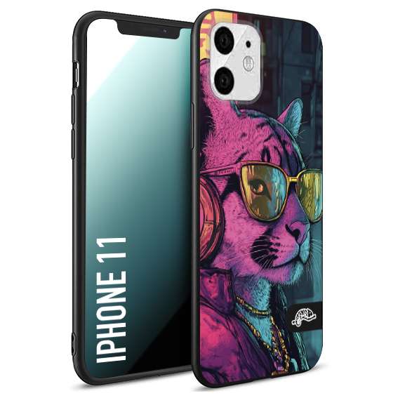 CUSTOMIZZA - Custodia cover nera morbida in tpu compatibile per iPhone 11 animali cyberpunk pantera street cat fucsia blu giallo