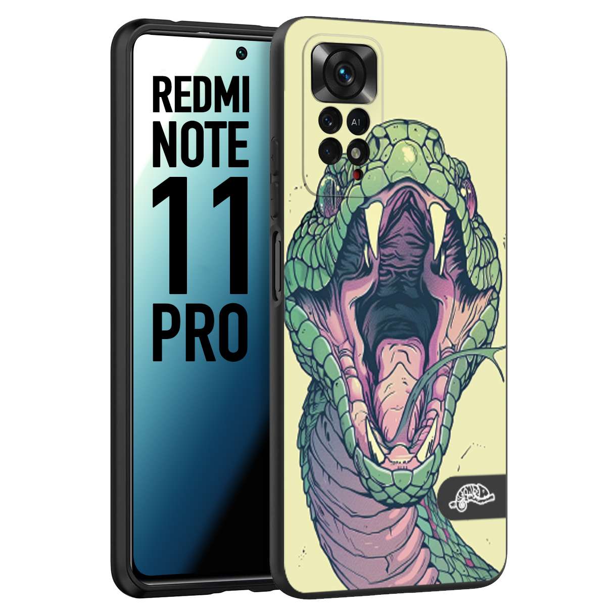 CUSTOMIZZA - Custodia cover nera morbida in tpu compatibile per Xiaomi Redmi Note 11 PRO snake yellow green serpente tatuaggio tattoo disegnato a mano