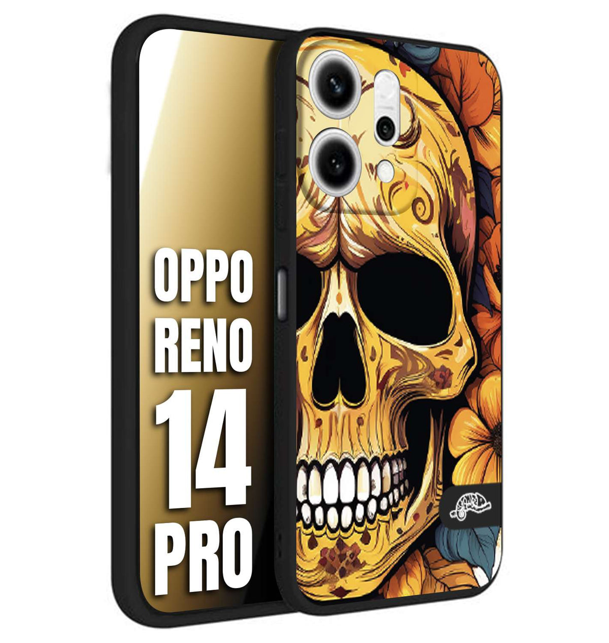 CUSTOMIZZA - Custodia cover nera morbida in tpu compatibile per Oppo Reno 14 PRO teschio messicano colorato dorato fiori autunnali disegnato
