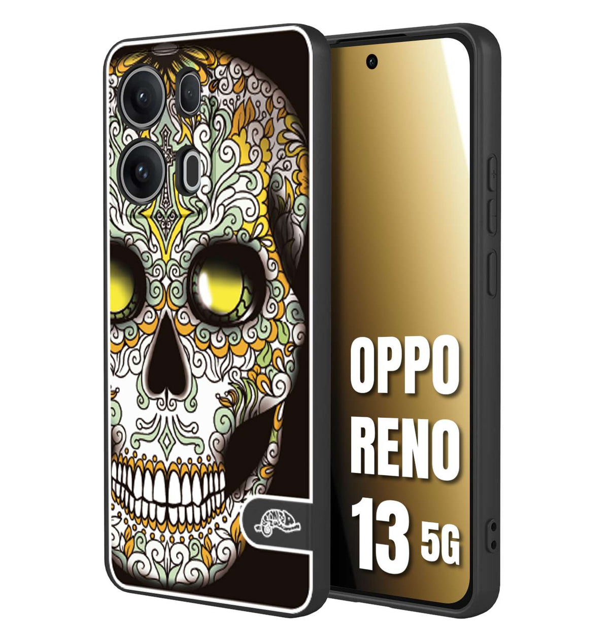 CUSTOMIZZA - Custodia cover nera morbida in tpu compatibile per Oppo Reno 13 5G teschio messicano Mexican skull bianco verde giallo