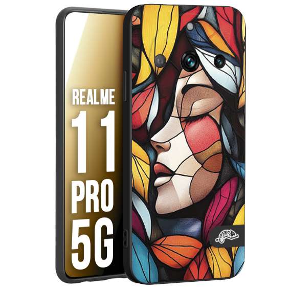 CUSTOMIZZA - Custodia cover nera morbida in tpu compatibile per Realme 11 PRO 5G Vetrata artistica volto di donna profilo fogliare mosaico di vetro colorato