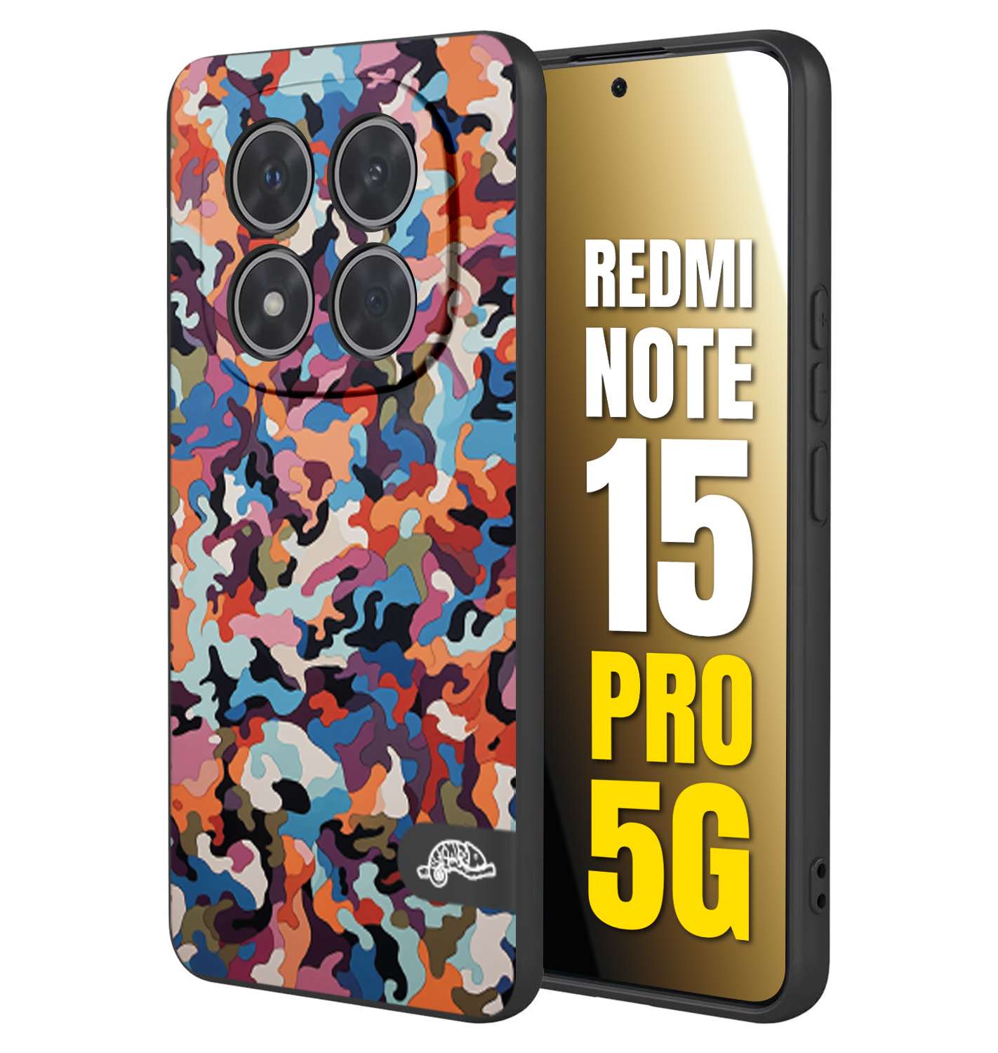 CUSTOMIZZA - Custodia cover nera morbida in tpu compatibile per Xiaomi Redmi Note 15 PRO 5G camouflage mimetico militare moderno blu arancio rosa