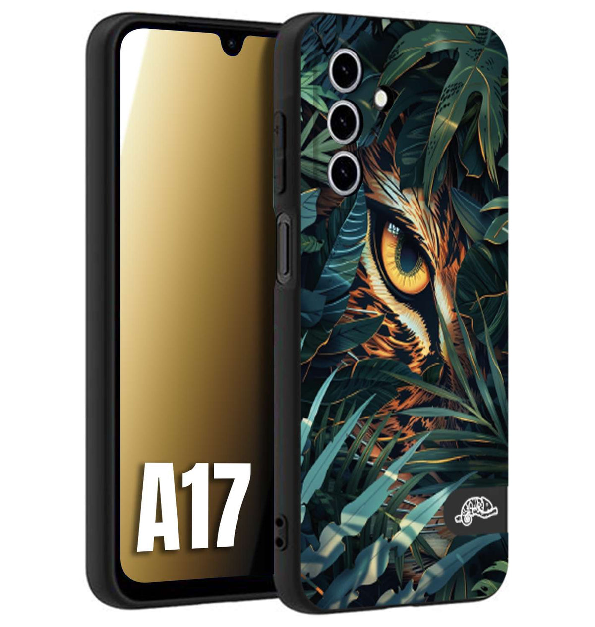 CUSTOMIZZA - Custodia cover nera morbida in tpu compatibile per Samsung A17 animali color giungla tropicale occhio di giaguaro felino disegnato