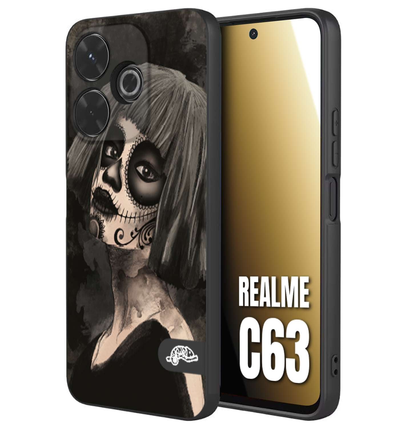 CUSTOMIZZA - Custodia cover nera morbida in tpu compatibile per Realme C63 chicana messicana dea de la muerte donna santa tattoo disegnata