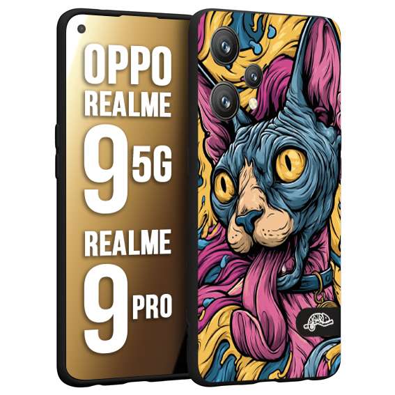 CUSTOMIZZA - Custodia cover nera morbida in tpu compatibile per Realme 9 5G - 9 PRO Sphynx Colorato Pop Art Psichedelico Gatto Blu Rosa Giallo Artistica Fantasy
