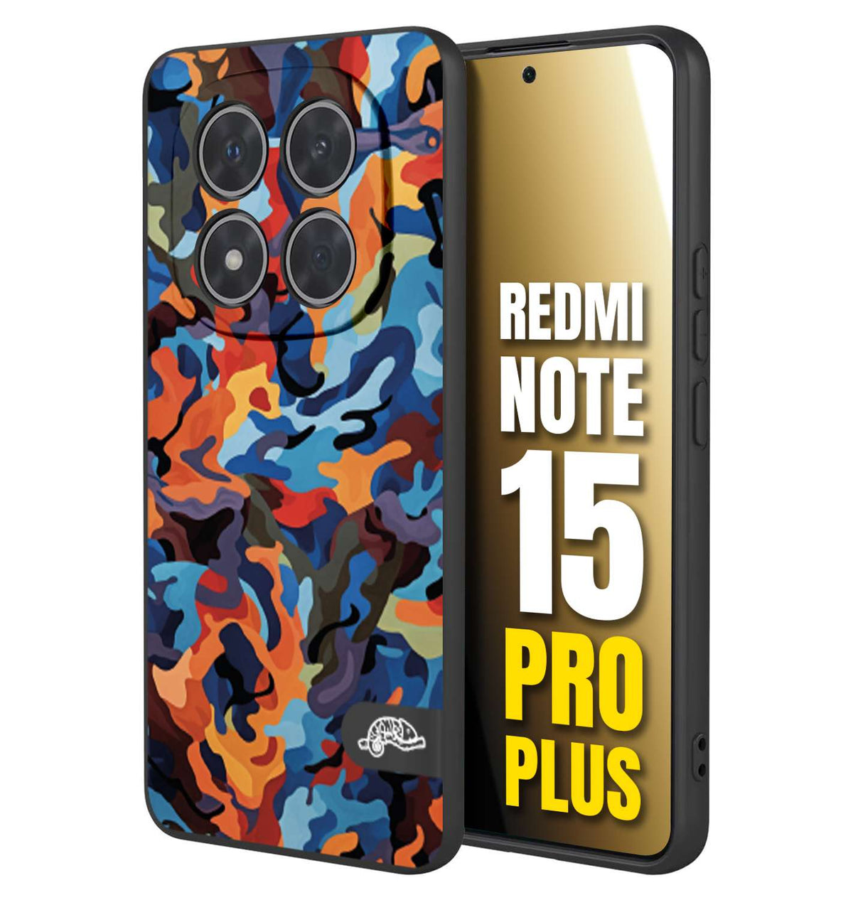 CUSTOMIZZA - Custodia cover nera morbida in tpu compatibile per Xiaomi Redmi Note 15 PRO PLUS camouflage mimetico militare moderno blu arancio rosso