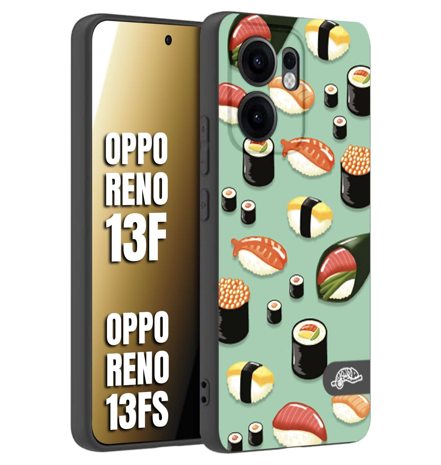 CUSTOMIZZA - Custodia cover nera morbida in tpu compatibile per Oppo Reno 13 F sushi disegni giapponese nighiri acquamarina verde