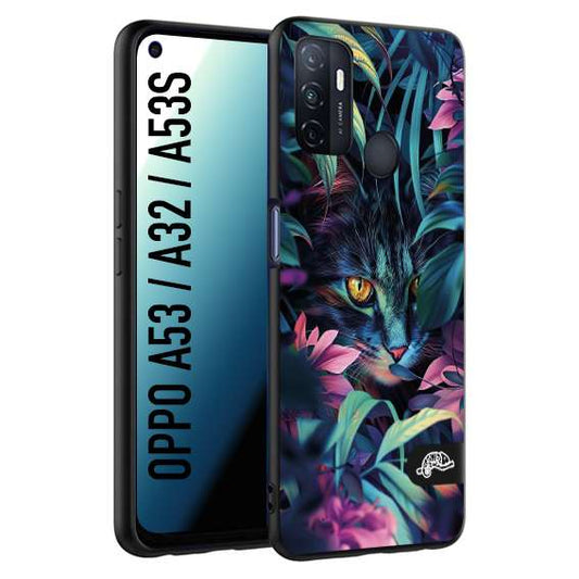 CUSTOMIZZA - Custodia cover nera morbida in tpu compatibile per Oppo A53 - A32 - A53S animali color giungla tropicale occhio di gatto colori vibranti disegnato