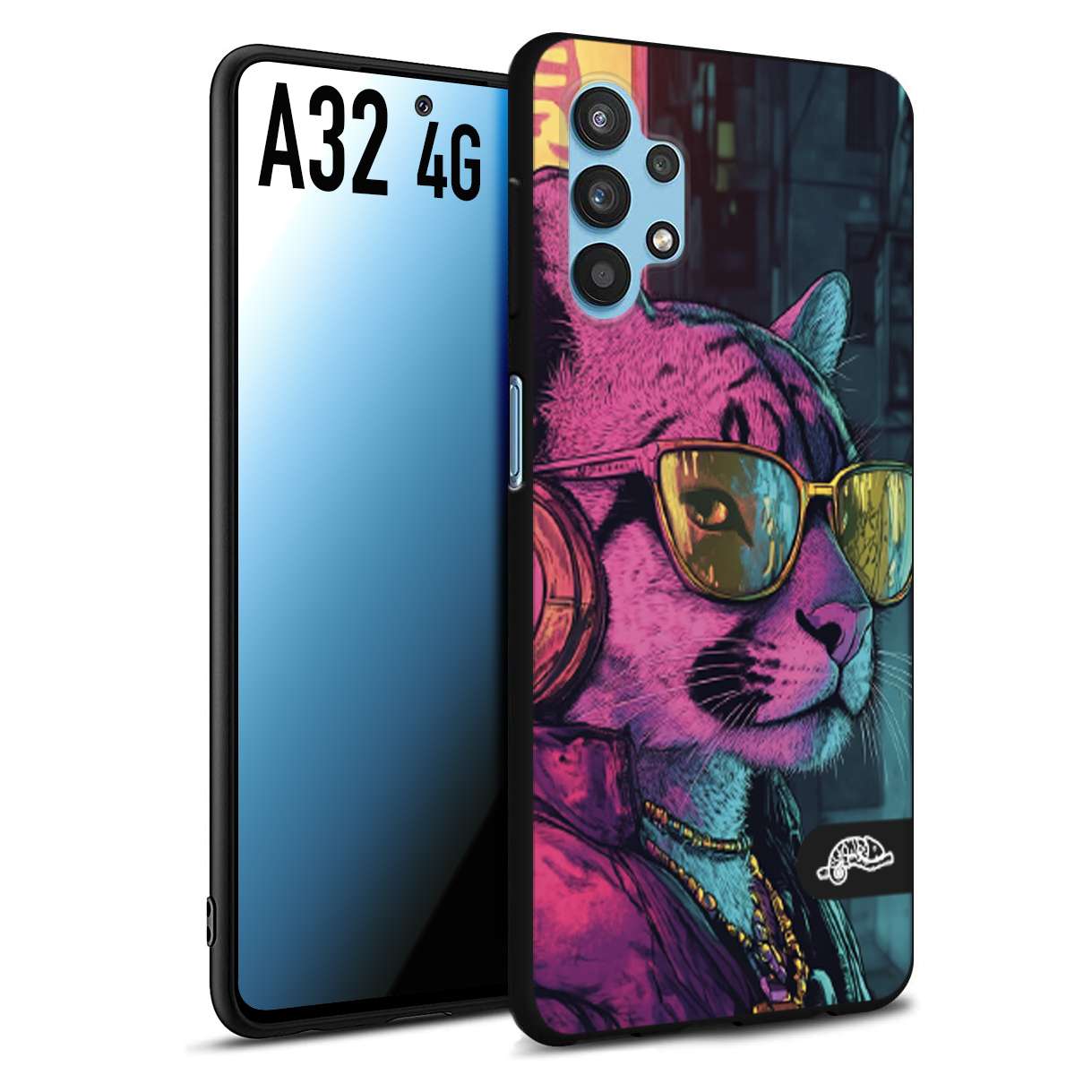 CUSTOMIZZA - Custodia cover nera morbida in tpu compatibile per Samsung A32 4G animali cyberpunk pantera street cat fucsia blu giallo