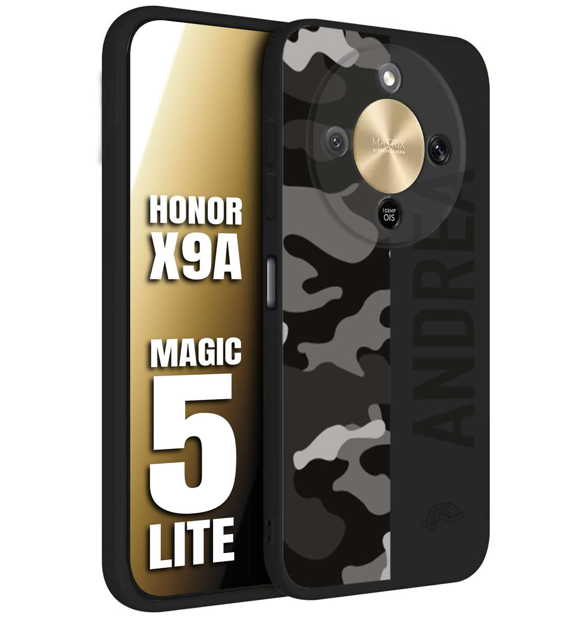 CUSTOMIZZA - Custodia cover nera morbida in tpu compatibile per Honor X9A - Honor Magic 5 Lite camouflage mimetico militare personalizzata nome