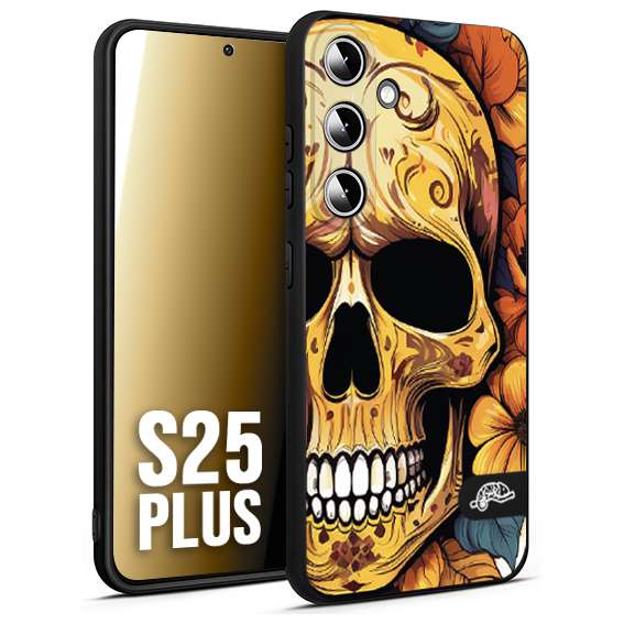 CUSTOMIZZA - Custodia cover nera morbida in tpu compatibile per Samsung S25 PLUS teschio messicano colorato dorato fiori autunnali disegnato