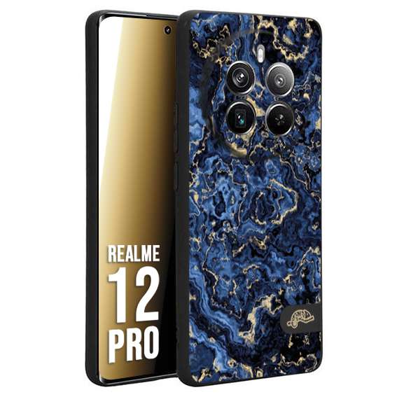 CUSTOMIZZA - Custodia cover nera morbida in tpu compatibile per Realme 12 PRO effetto marmo marble blu venature dorato psichedelico