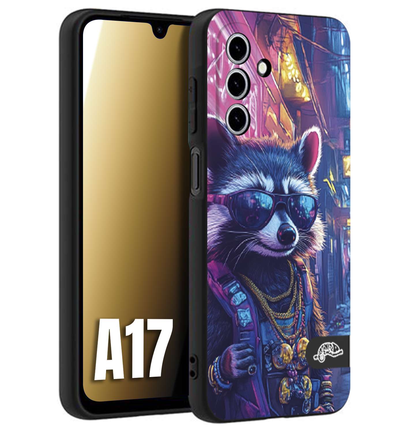 CUSTOMIZZA - Custodia cover nera morbida in tpu compatibile per Samsung A17 animali simpatici cyberpunk procione racoon street cat fucsia blu giallo