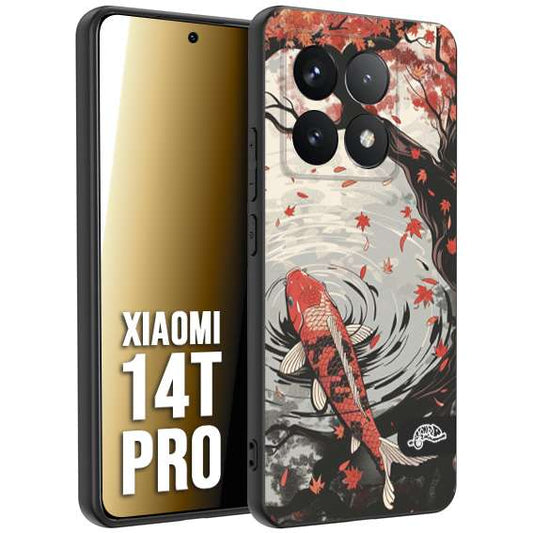 CUSTOMIZZA - Custodia cover nera morbida in tpu compatibile per Xiaomi 14T PRO giapponese lago carpa koi rossa con foglie d'acero rosso disegnata tattoo