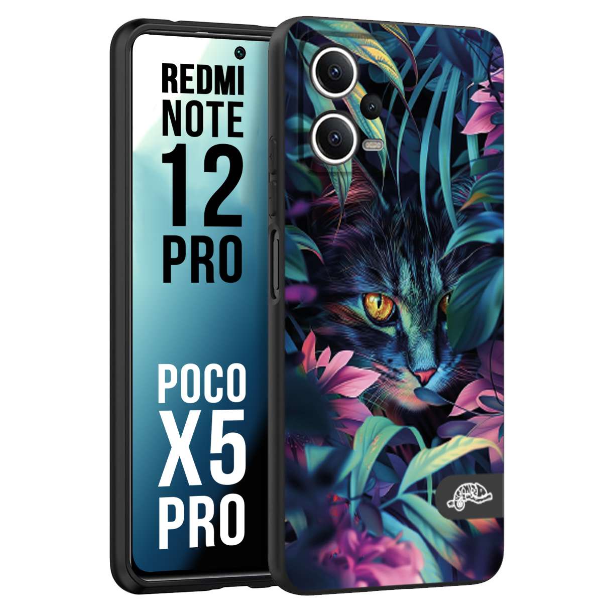 CUSTOMIZZA - Custodia cover nera morbida in tpu compatibile per Xiaomi Redmi Note 12 PRO - POCO X5 PRO animali color giungla tropicale occhio di gatto colori vibranti disegnato