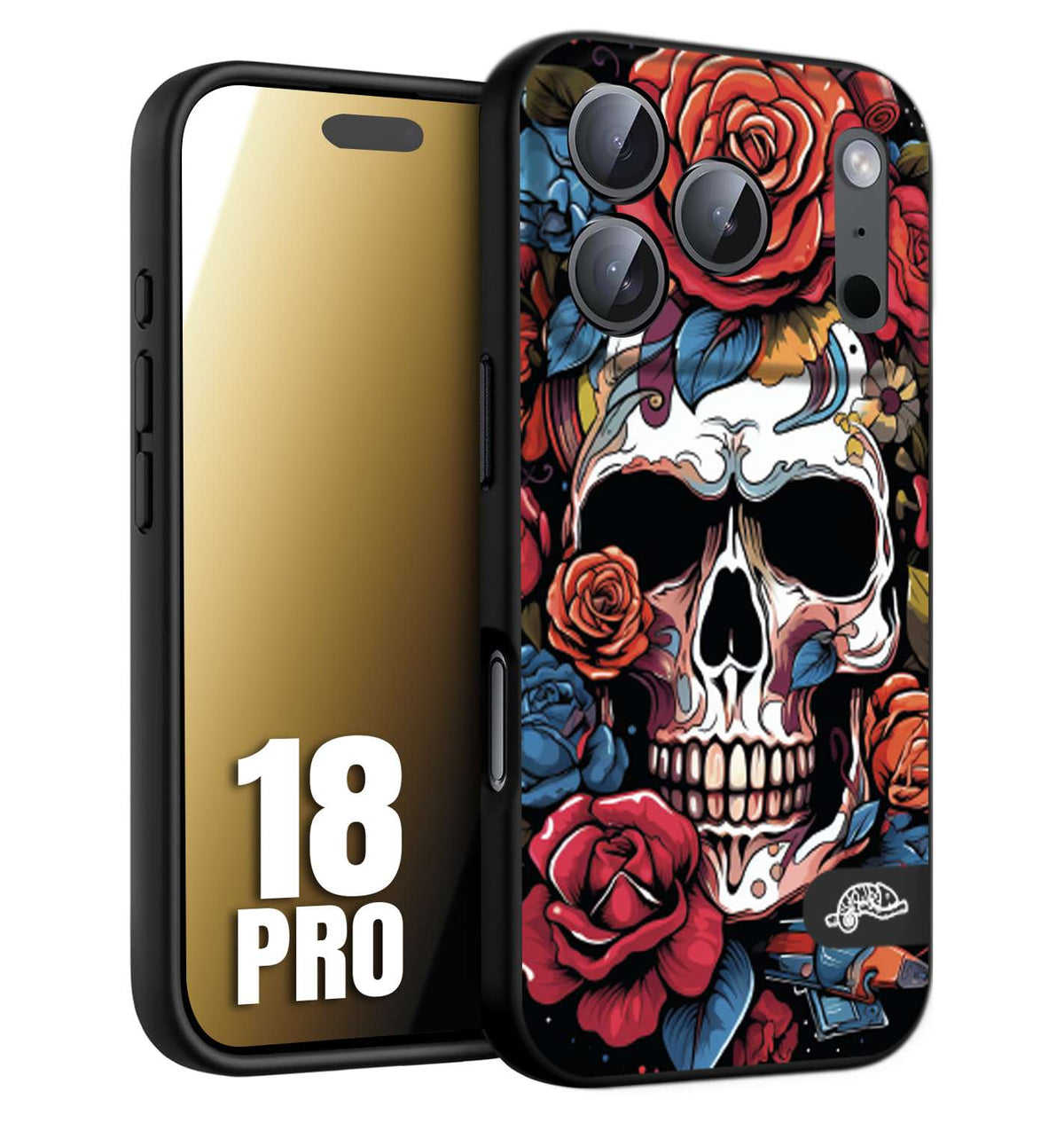 CUSTOMIZZA - Custodia cover nera morbida in tpu compatibile per iPhone 18 PRO teschio skull flowers fiori rose rosse tattoo disegnato