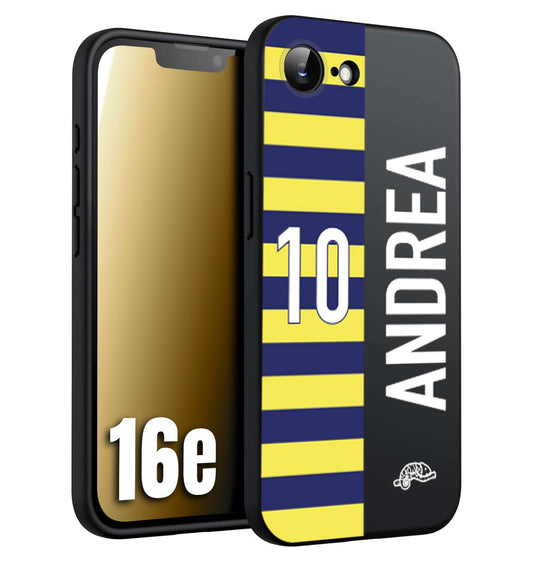 CUSTOMIZZA - Custodia cover nera morbida in tpu compatibile per iPhone 16E personalizzata calcio football nome e numero calciatori giallo blu