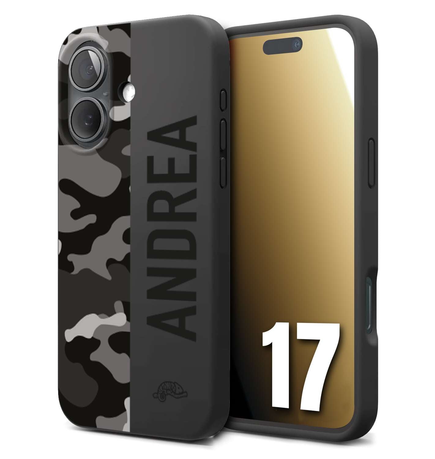 CUSTOMIZZA - Custodia cover nera morbida in tpu compatibile per iPhone 17 camouflage mimetico militare personalizzata nome