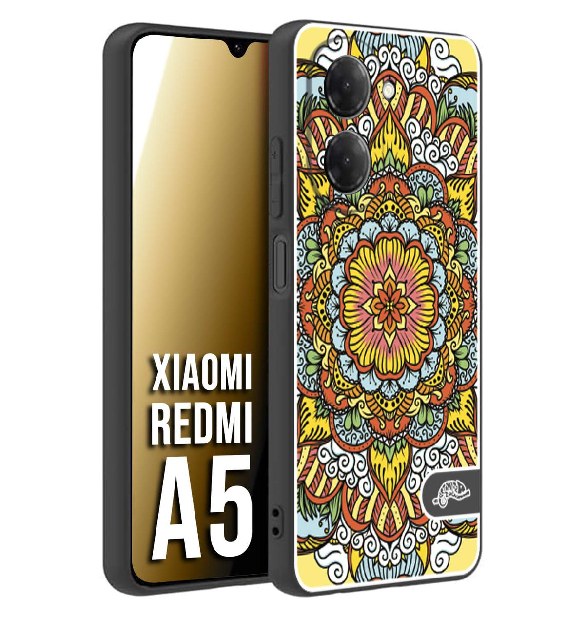 CUSTOMIZZA - Custodia cover nera morbida in tpu compatibile per Xiaomi Redmi A5 mandala colorato fiore nuvole arancione