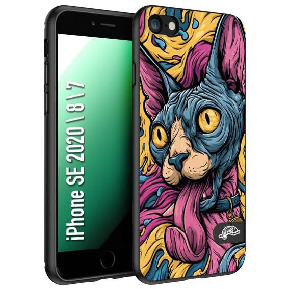 CUSTOMIZZA - Custodia cover nera morbida in tpu compatibile per iPhone 7 - 8 - SE 2020 / 2022 Sphynx Colorato Pop Art Psichedelico Gatto Blu Rosa Giallo Artistica Fantasy