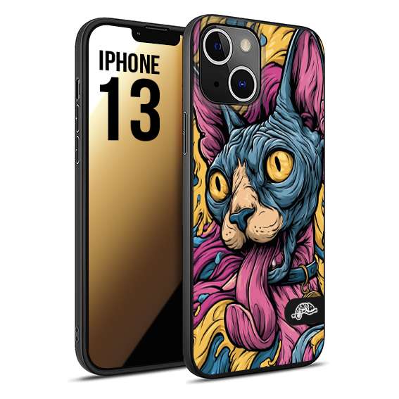 CUSTOMIZZA - Custodia cover nera morbida in tpu compatibile per iPhone 13 Sphynx Colorato Pop Art Psichedelico Gatto Blu Rosa Giallo Artistica Fantasy