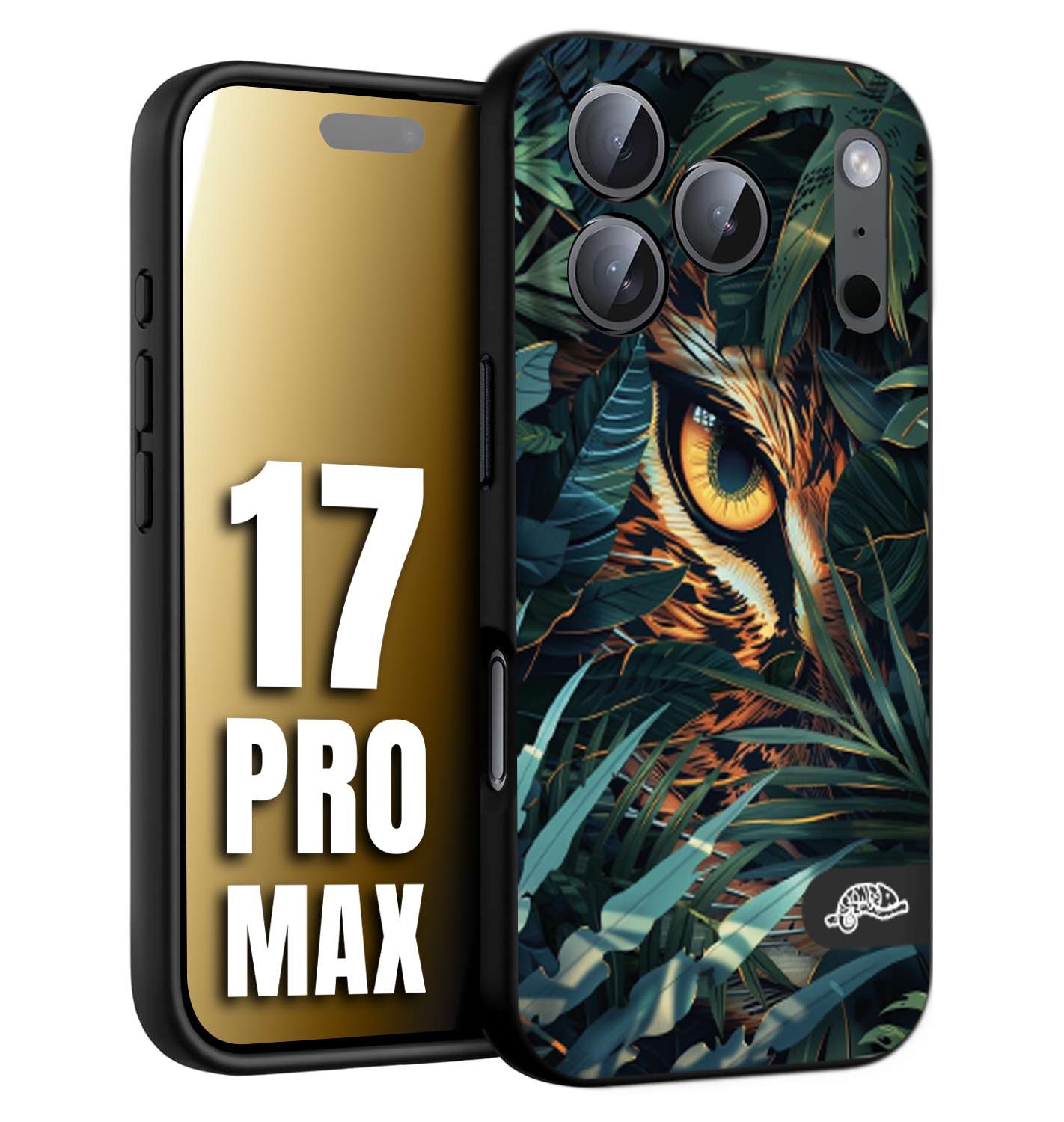 CUSTOMIZZA - Custodia cover nera morbida in tpu compatibile per iPhone 17 PRO MAX animali color giungla tropicale occhio di giaguaro felino disegnato