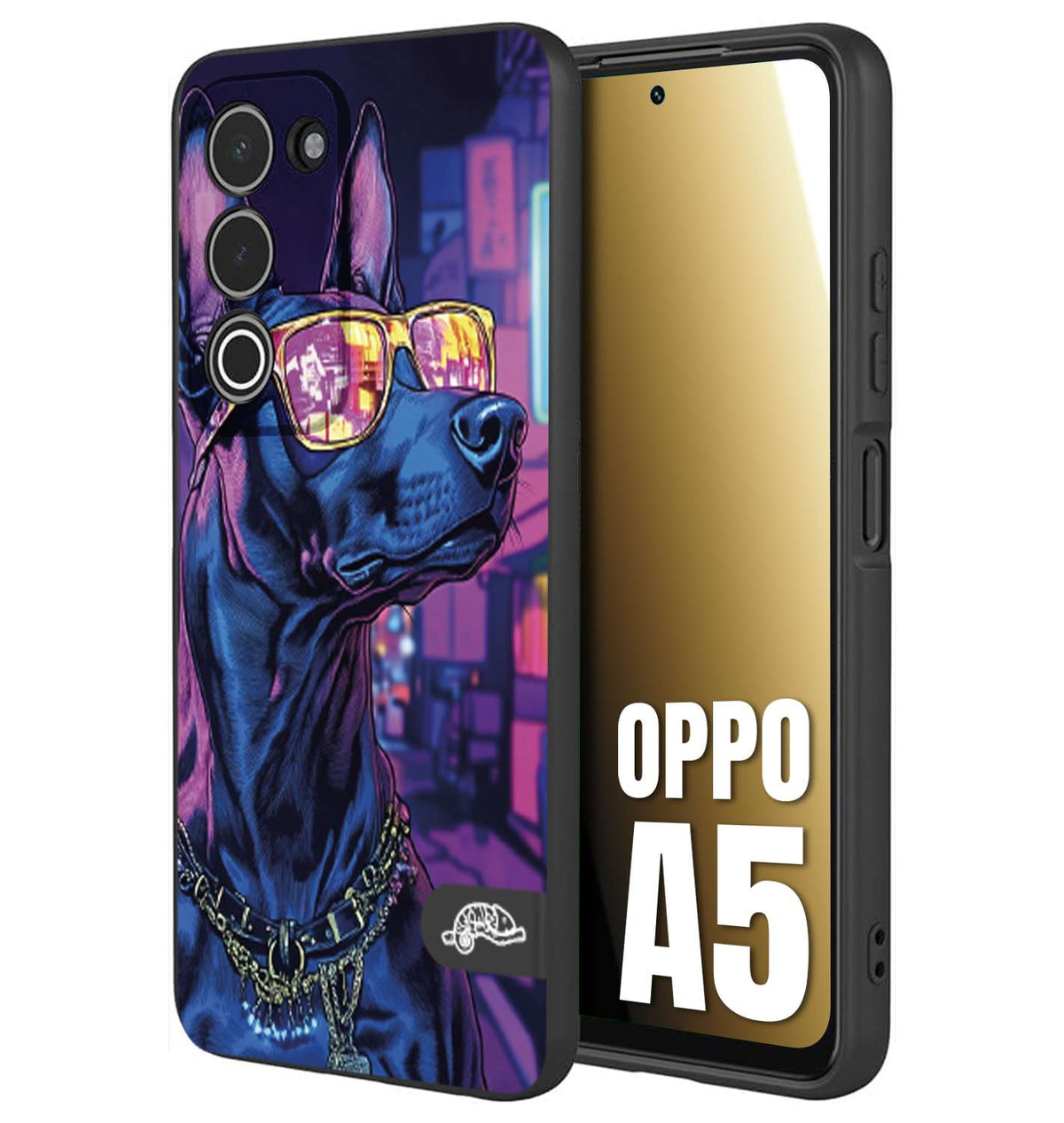 CUSTOMIZZA - Custodia cover nera morbida in tpu compatibile per Oppo A5 animali cyberpunk dobermann cane street dog fucsia blu night