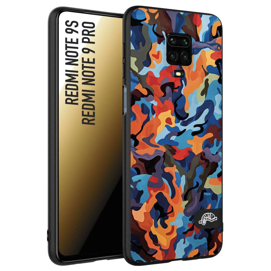 CUSTOMIZZA - Custodia cover nera morbida in tpu compatibile per Xiaomi Redmi Note 9S - Note 9 PRO camouflage mimetico militare moderno blu arancio rosso
