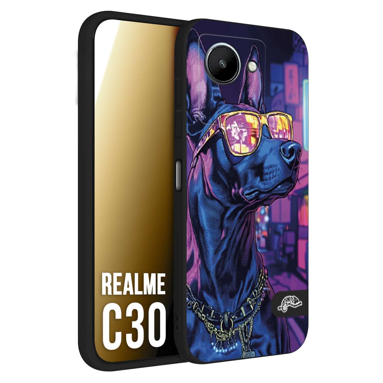 CUSTOMIZZA - Custodia cover nera morbida in tpu compatibile per Realme C30 animali cyberpunk dobermann cane street dog fucsia blu night