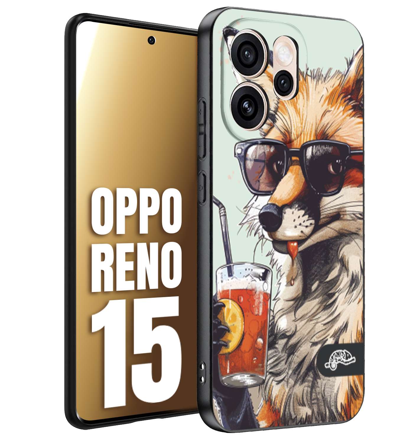 CUSTOMIZZA - Custodia cover nera morbida in tpu compatibile per Oppo Reno 15 estate disegnata cocktails animali simpatici fox volpe negroni