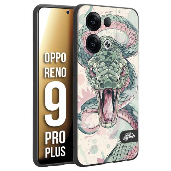 CUSTOMIZZA - Custodia cover nera morbida in tpu compatibile per Oppo Reno 9 PRO PLUS snake pink green serpente tatuaggio tattoo disegnato a mano