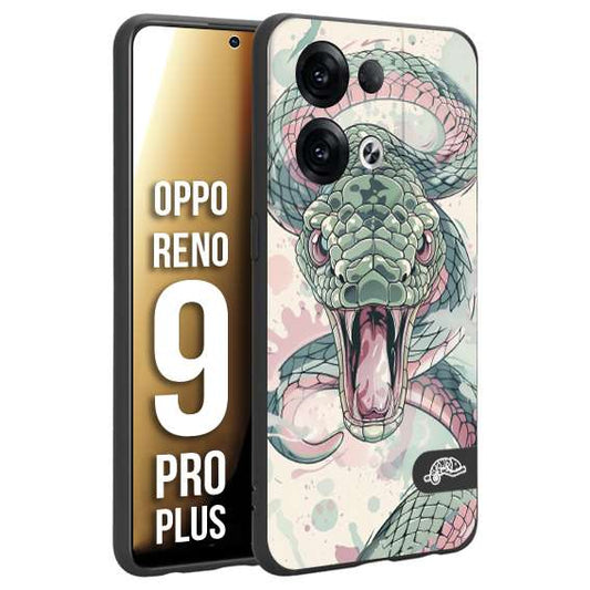 CUSTOMIZZA - Custodia cover nera morbida in tpu compatibile per Oppo Reno 9 PRO PLUS snake pink green serpente tatuaggio tattoo disegnato a mano
