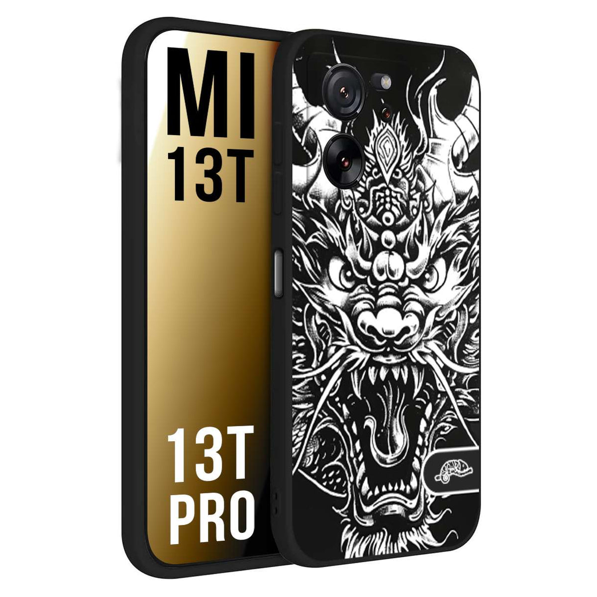 CUSTOMIZZA - Custodia cover nera morbida in tpu compatibile per Xiaomi 13T - 13T PRO drago black and white bianco a rilievo disegnato tattoo tatuaggio