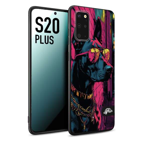 CUSTOMIZZA - Custodia cover nera morbida in tpu compatibile per Samsung S20 PLUS animali cyberpunk dobermann cane street dog fucsia blu
