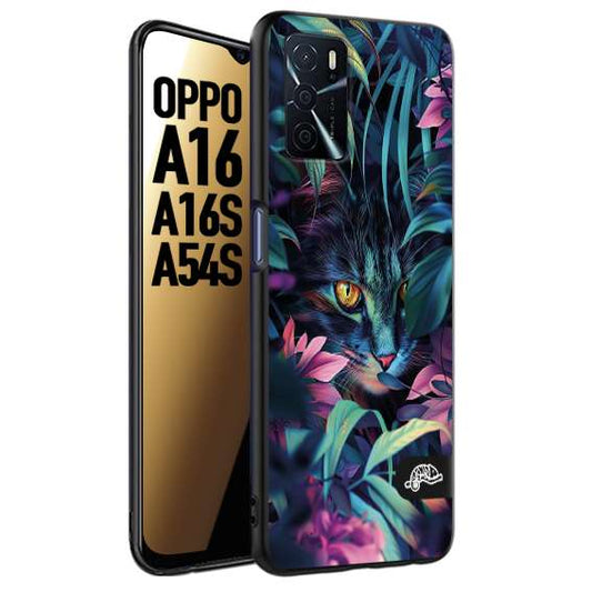 CUSTOMIZZA - Custodia cover nera morbida in tpu compatibile per Oppo A16 - A16S - A54S animali color giungla tropicale occhio di gatto colori vibranti disegnato