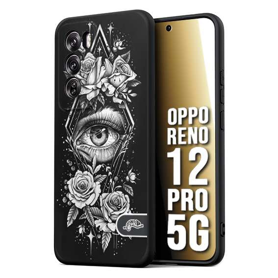 CUSTOMIZZA - Custodia cover nera morbida in tpu compatibile per Oppo Reno 12 PRO 5G occhio fiori rombo geometrico black and white bianco a rilievo disegnato tattoo tatuaggio