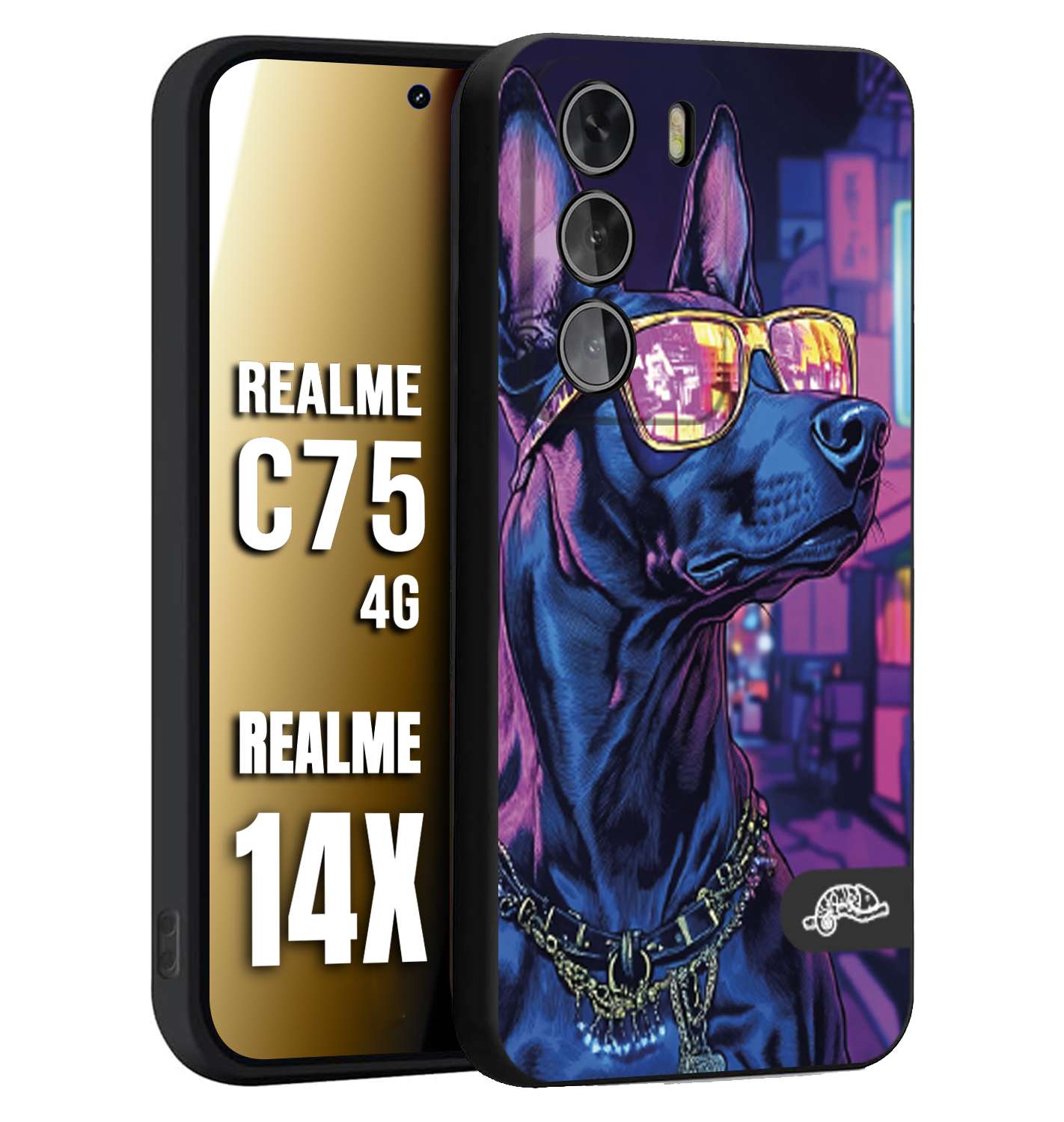 CUSTOMIZZA - Custodia cover nera morbida in tpu compatibile per Realme 14X - C75 4G animali cyberpunk dobermann cane street dog fucsia blu night
