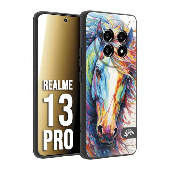 CUSTOMIZZA - Custodia cover nera morbida in tpu compatibile per Realme 13 PRO animali color cavallo horse viso colori vibranti disegnato schizzo