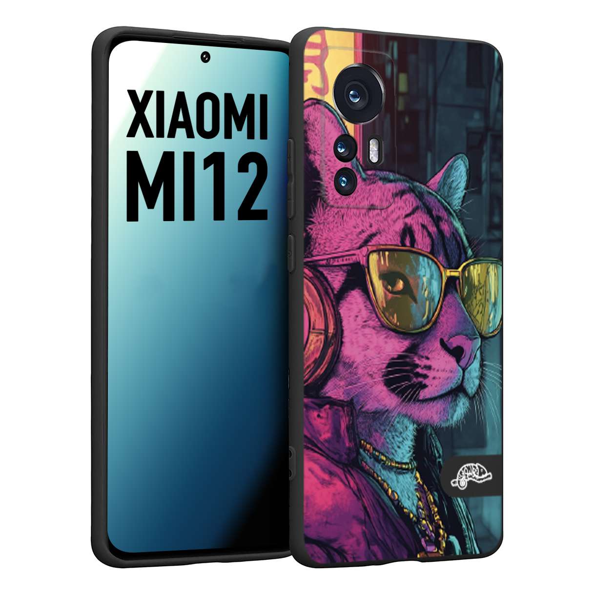 CUSTOMIZZA - Custodia cover nera morbida in tpu compatibile per Xiaomi 12 5G animali cyberpunk pantera street cat fucsia blu giallo