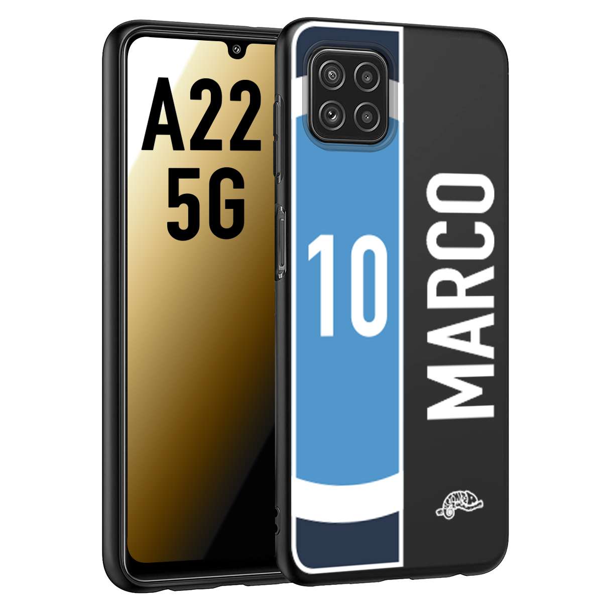 CUSTOMIZZA - Custodia cover nera morbida in tpu compatibile per Samsung A22 5G personalizzata calcio football nome e numero calciatori biancoazzurri bianco celesti