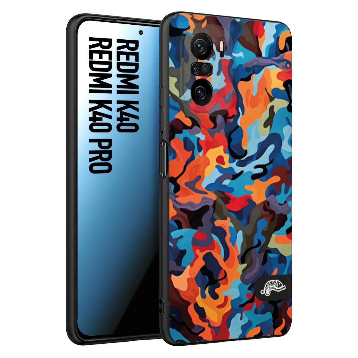 CUSTOMIZZA - Custodia cover nera morbida in tpu compatibile per Xiaomi Redmi K40 - K40 Pro camouflage mimetico militare moderno blu arancio rosso