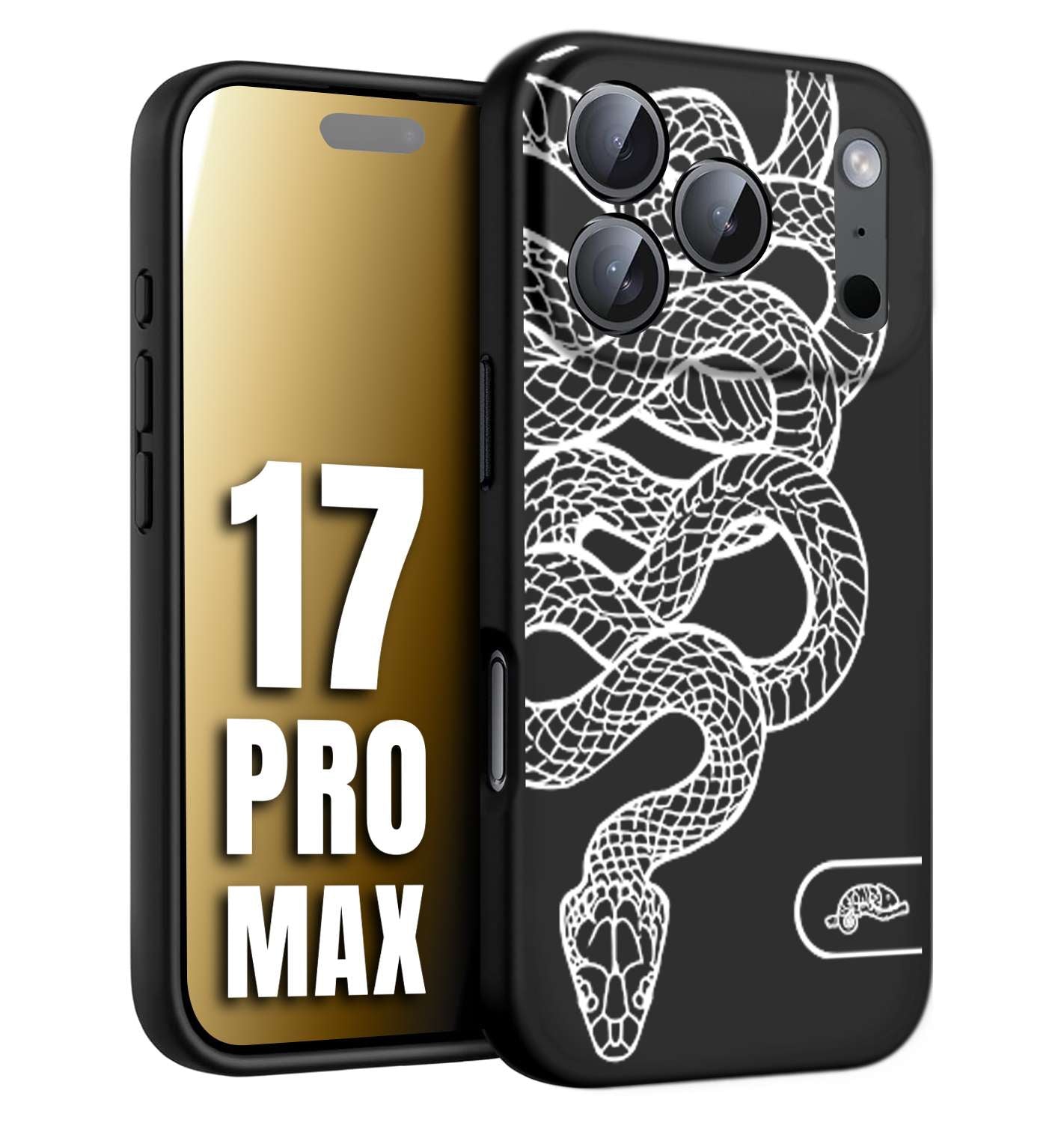CUSTOMIZZA - Custodia cover nera morbida in tpu compatibile per iPhone 17 PRO MAX serpente snake bianco a rilievo disegnato tattoo tatuaggio