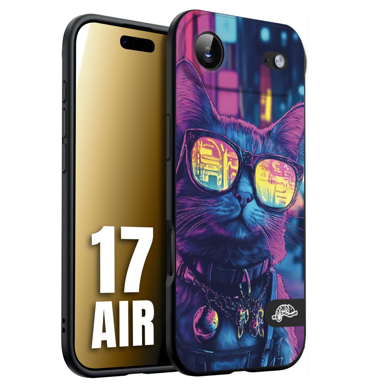 CUSTOMIZZA - Custodia cover nera morbida in tpu compatibile per iPhone 17 AIR animali cyberpunk gatto street cat fucsia blu giallo