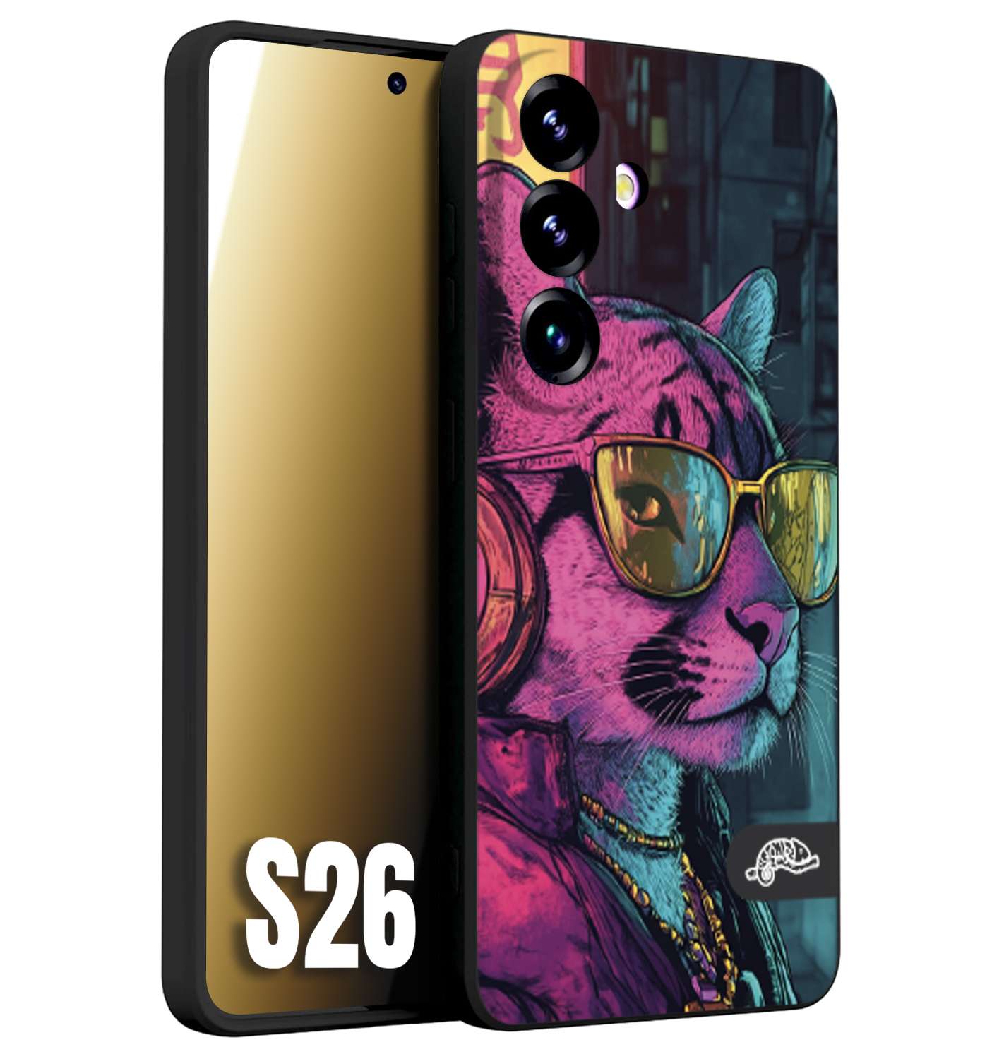 CUSTOMIZZA - Custodia cover nera morbida in tpu compatibile per Samsung S26 animali cyberpunk pantera street cat fucsia blu giallo