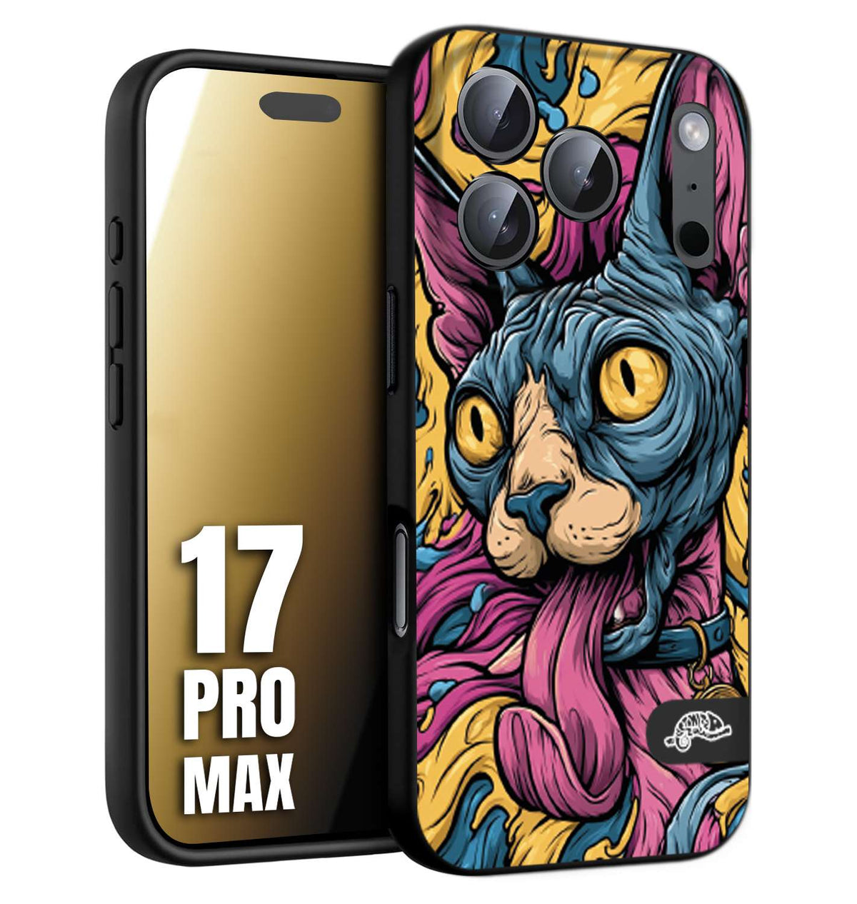 CUSTOMIZZA - Custodia cover nera morbida in tpu compatibile per iPhone 17 PRO MAX Sphynx Colorato Pop Art Psichedelico Gatto Blu Rosa Giallo Artistica Fantasy