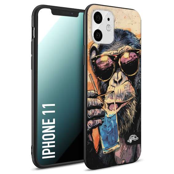 CUSTOMIZZA - Custodia cover nera morbida in tpu compatibile per iPhone 11 estate disegnata cocktails animali simpatici scimmia monkey negroni