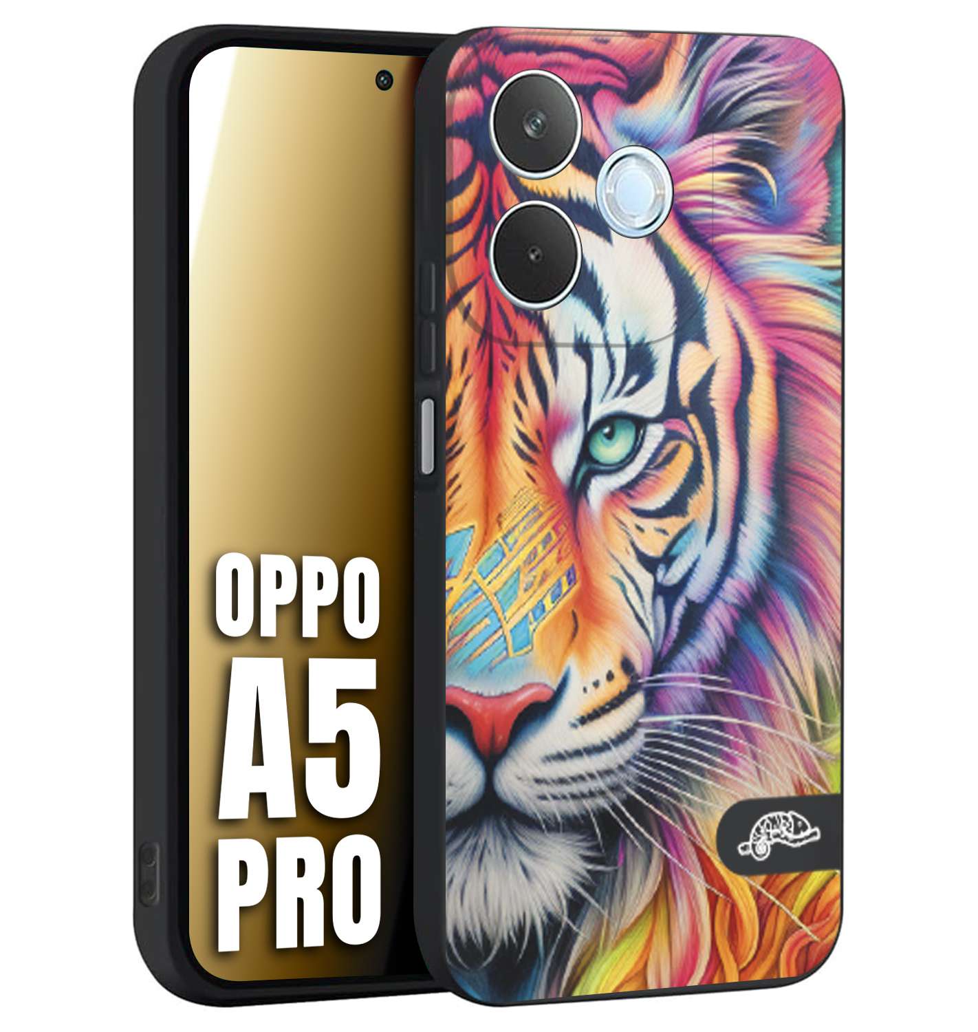 CUSTOMIZZA - Custodia cover nera morbida in tpu compatibile per Oppo A5 PRO animali color tigre tiger viso colori vibranti disegnato schizzo